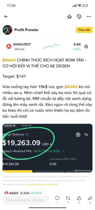 A Vietnamese crypto trading post by "Profit Prowler" featuring a $19,263.09 account balance and a call for $AVAX reaching a $147 target, alongside the original English tweet's $LINK pump-and-dump style promotion.