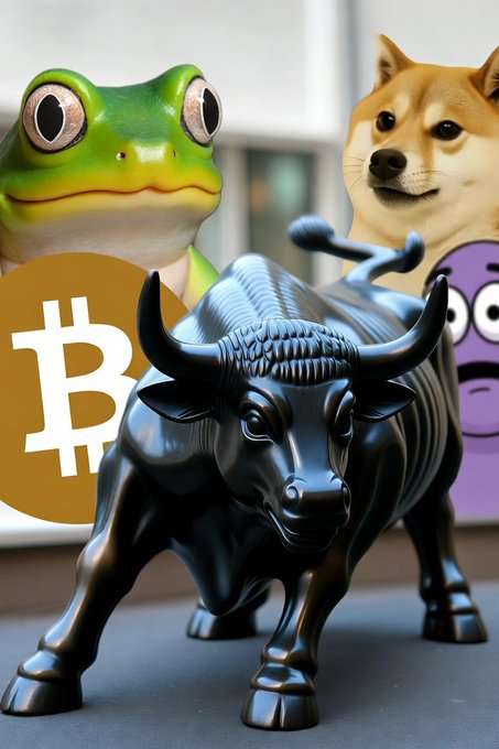 A glossy black bull statue positioned in front of a Bitcoin logo, a Pepe frog figurine, a Shiba Inu, and a purple cartoon character.