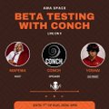 A promotional graphic for Bob Vance's "Beta Testing with Conan" featuring photos of Bob Vance and Conan O'Brien flanking a CONAN logo, with a link to a 20k giveaway Twitter Space. The design ties into the post announcing an upcoming giveaway Space event.