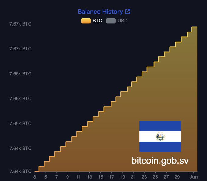 The image presents an infographic with a graph illustrating the Bitcoin price over time. The graph shows that Bitcoin was trading above $0.58 per bitcoin between November and June of this year. However, after January 1st, Bitcoin prices started dropping from their highest point in November to around $6.66 per Bitcoin by the end of the month. This downward trend continued through the rest of the year. The infographic includes a country-specific chart that shows how Bitcoin was being used by El Salvador throughout this period. The infographic also mentions that El Salvador are still stacking 1 BTC every day since November 2002, never missing a single day in their streak.