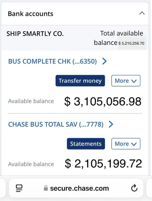 A screenshot of a Chase bank account for "SHIP SMARTLY CO." shows a total available balance of $5,210,256.70, split between a checking account ($3,105,056.98) and a savings account ($2,105,199.72). The image is used to falsely suggest the poster's wealth as proof of a "karma" claim, though such screenshots are easily fabricated to promote engagement-bait scams.