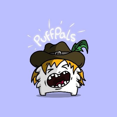 A cartoon logo for 'PuffPals' featuring a fluffy white and orange creature wearing a brown cowboy hat with a green feather, mouth wide open in a laughing expression on a purple background.
