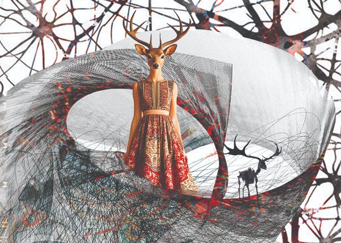 A surreal collage features a figure with a deer head wearing an ornate red and gold dress, set against swirling black threads and a smaller deer silhouette, with bare tree branches in the background.