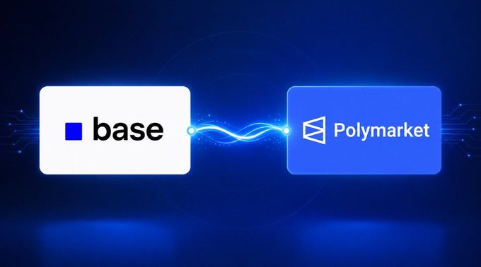 The image shows two logos, one blue and one white, with the word "base" written below them. The blue logo represents Polymarket, while the white logo represents Base. The text above the logos reads "Which one will do TGE first between these two? Polymarket looks like it will be later because it is still a working and high volume project." This suggests that Base might have an advantage over Polymarket in terms of being established and having a larger user base, as it has been around for a longer time.