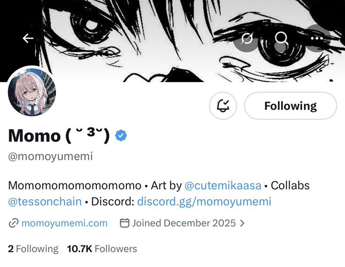 The image shows a Twitter/X profile for "Momo (˘ 3˘)" (@momoyumemi), an anime-style avatar with a black and white manga panel banner, featuring 10.7K followers and mentioning art by @cutemikaasa and collabs with @tessonchain. The profile appears to belong to the artist behind the Alpha NFT collection mentioned in the post, which features a peach-colored, dreamlike aesthetic matching the soft anime profile picture.