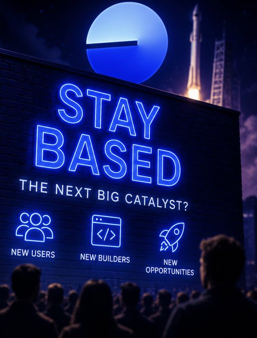 The image features a large group of people gathered around a neon sign that says "Stay Based" with a rocket ship behind them. The crowd appears to be engaged in conversation or observing something happening outside the frame, but they are all looking at the sign. The caption above the image reads "The @base timeline is now in such a state that everyone is trying hard not to mention SpaceX. Memes, hot tech, random posts—it' s all there, but everyone knows where the real discussion is". This suggests that the group might be discussing or reacting to some news or event related to the Base timeline and its association with the rocket ship.