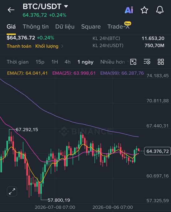 A cryptocurrency trading chart from Binance displaying the BTC/USDT pair at $64,376.72 (+0.24%), showing candlestick patterns and EMA (7, 25, 99) indicators on a 1-day timeframe.