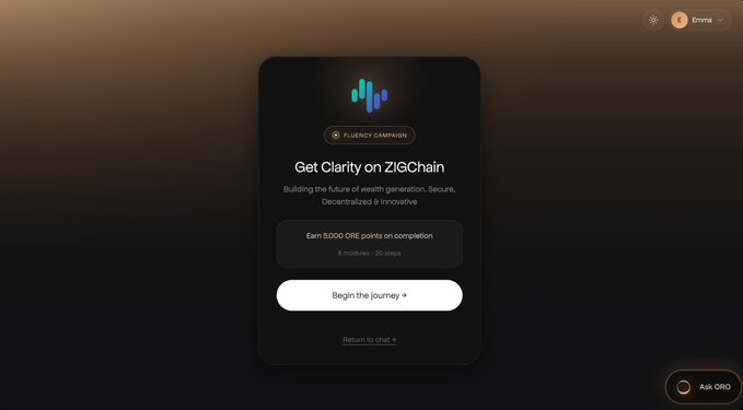 A dark-themed digital interface displaying a 'Fluency Campaign' for 'ZIGChain,' offering 5,000 ORE points on completion across 6 modules over 20 days, with a 'Begin the journey' button and 'Ask ORO' chat option visible.