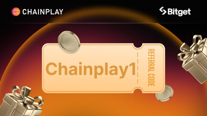 The image shows a black background with an orange, circular graphic design that reads "chainplay1", possibly referring to a gaming or social activity involving playing games online using a particular platform (possibly referring to Bitcoin). Below this, there are two gold gift boxes placed on top of each other, adding a touch of luxury and elegance. The text at the bottom of the image states: 
"Bybit is offering up to $30,000 in bonuses for new users Most traders don'...Read more in the comments Don't leave free rewards on the table ...".
