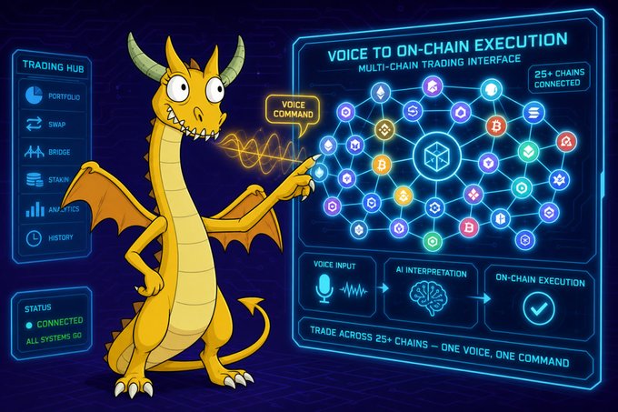 A cartoon illustration of a yellow dragon interacting with a 'VOICE TO ON-CHAIN EXECUTION' multi-chain trading interface, featuring 25+ connected chains and a voice command system.