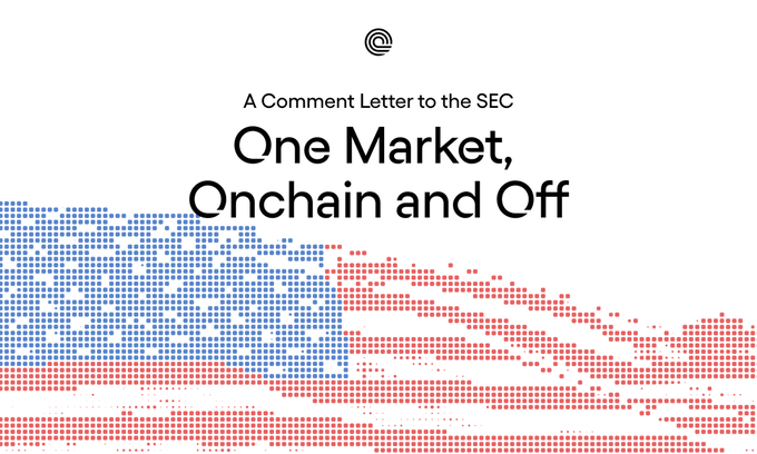 A document cover titled 'A Comment Letter to the SEC: One Market, Onchain and Off' featuring a pixelated American flag design in red, white, and blue.