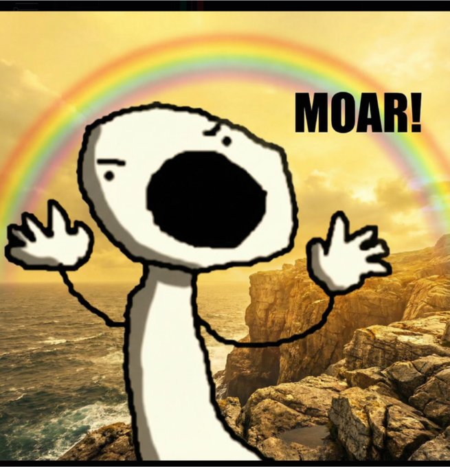 A crudely drawn white stick figure with its mouth wide open and hands raised stands before a rainbow and ocean backdrop, with the text 'MOAR!' overlaid in the upper right.