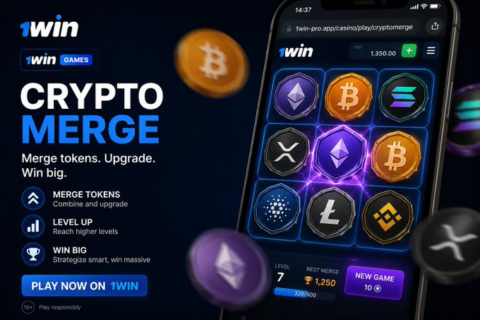 A promotional advertisement for '1WIN CRYPTO MERGE' mobile game featuring various cryptocurrency token icons and gameplay elements on a smartphone display.