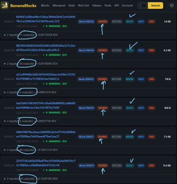 A BananaBlocks transaction tracking page showing a list of block hashes, dates, traders, and BNB amounts with buy/sell actions.