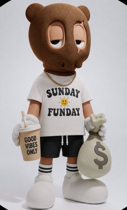 A 3D-rendered character resembling a bear or monkey with brown fur, wearing a white t-shirt that reads 'SUNDAY FUNDay', black shorts, and white sneakers, while holding a cup labeled 'GOOD VIBES ONLY' and a sack marked with a dollar sign.