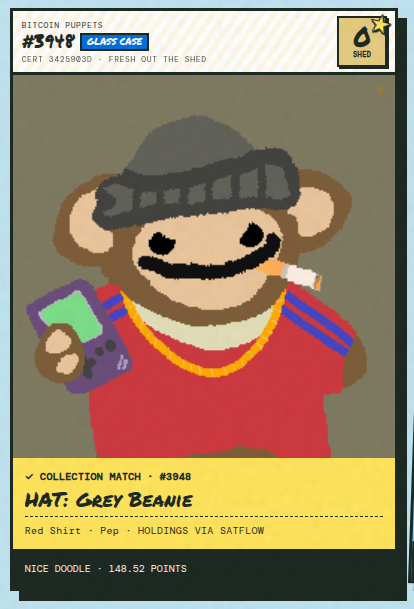 A Bitcoin Puppets #3948 NFT card titled "Fresh Out The Shed" depicts a monkey puppet wearing a grey beanie, red shirt, and gold chain, holding a phone and cigarette. The holder's nostalgic comment about keeping the piece for nearly three years without listing it reflects the sentimental attachment collectors often develop toward these CryptoPunks-inspired digital collectibles.