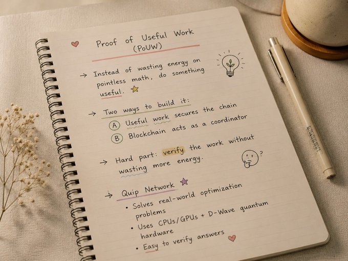 The image shows an open notebook with a pen inside, containing a list of points about Proof of Useful Work (PoW). The pen appears to be writing on the paper, indicating that someone has been working on this topic or has recently completed their thoughts on the subject. The notebook is placed on a table, and there are some flowers nearby as well.