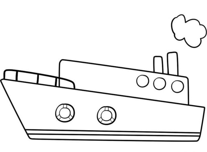 A simple black-and-white line drawing of a cartoon ship or boat with round portholes and smokestacks emitting puffy smoke clouds.