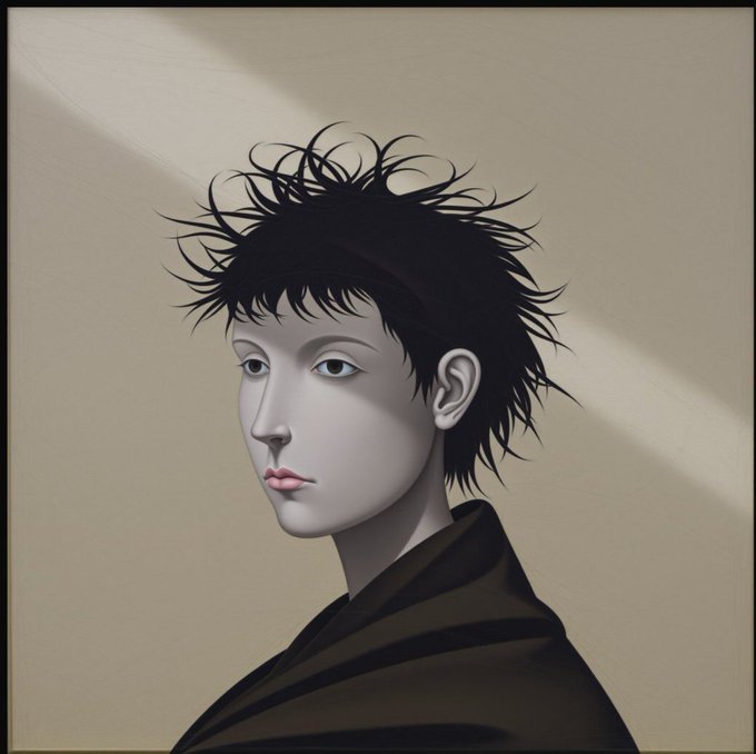 A stylized digital portrait of a pale-skinned figure with spiky black hair, wearing a dark garment, set against a beige background with a diagonal light beam.