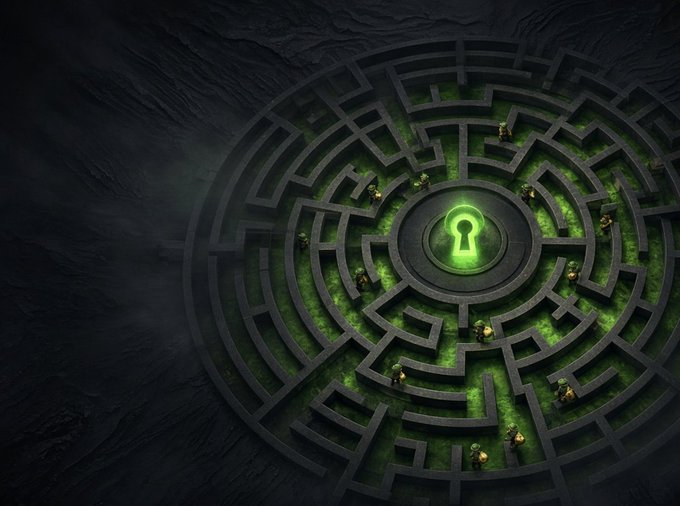 A circular stone maze glows with an eerie green light at its center, which contains a keyhole symbol, set against a dark textured background.