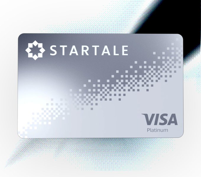 A sleek silver Visa Platinum "STARTALE" card with a pixelated design is displayed against a black and white halftone background, promoting the Startale Card waitlist where early sign-ups earn better ranking based on STAR Points snapshots.