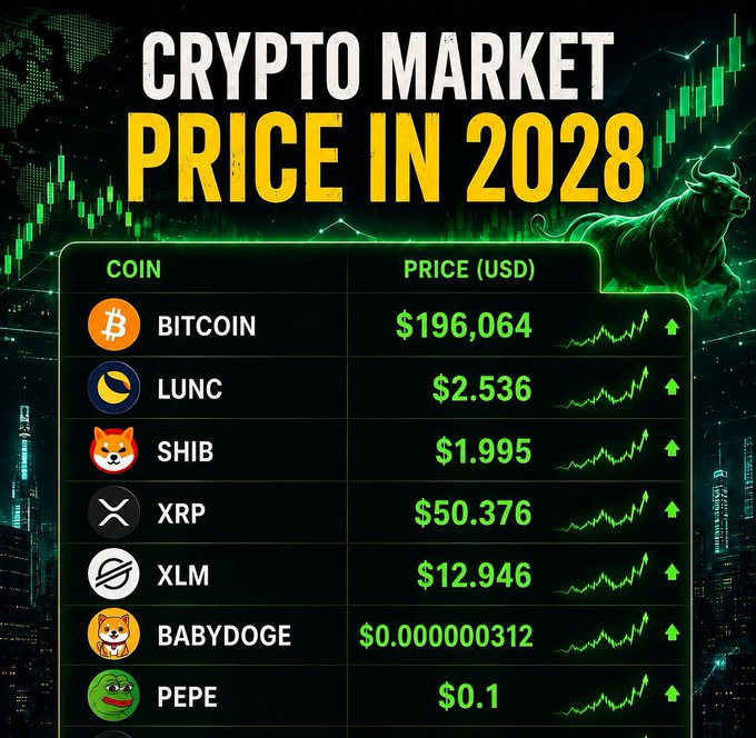 Crypto market price prediction infographic for 2028 showing Bitcoin at $196,064, LUNC at $2.536, SHIB at $1.995, XRP at $50.376, XLM at $12.946, BABYDOGE, and PEPE at $0.1.