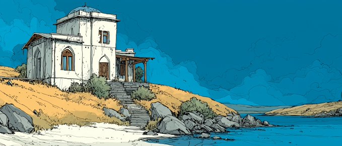 A digital illustration depicts a white Mediterranean-style house perched on a rocky, sandy hillside overlooking blue water under a bright sky.