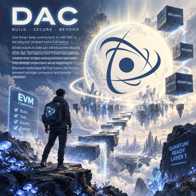 A promotional graphic for DAC featuring the tagline 'BUILD · SECURE · BEYOND' with text discussing how the platform helps developers use familiar tools while exploring quantum ready Layer 1, showing a figure looking at floating cubes labeled 'SECURITY', 'BUILDERS', 'ADOPTION' and an 'EVM COMPATIBLE' panel with Build, Test, Deploy, Explore options.