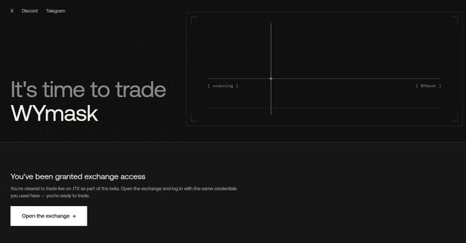 The image displays a webpage for trading "WYmask" with the text "It's time to trade WYmask," along with a message stating "You've been granted exchange access," and an "Open the exchange »" button. It serves as a promotional graphic for JTX exchange's launch, highlighting that top waitlist users can now access the platform to trade assets like WYmask on Solana.