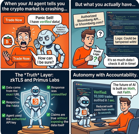 A four-panel comic explaining zkTls and Primus Labs, showing an AI agent claiming a crypto market crash with 'verified' data, contrasted with concerns about tampered logs and unauthorized APIs, concluding with 'Autonomy with Accountability.'