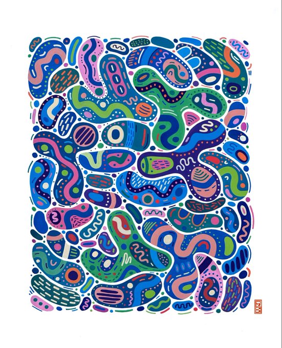 iliad's "The Blue Heart" is a vibrant illustration with a complex pattern of blue, pink, green, and orange shapes arranged in a grid-like fashion against a white background.