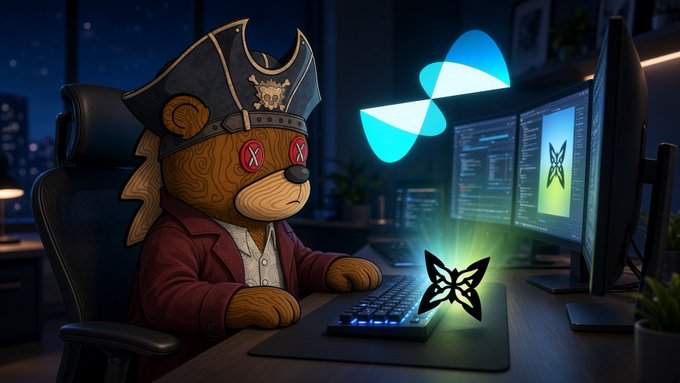 A digital illustration of a bear dressed as a pirate sitting at a desk using a computer, with a glowing butterfly logo and code visible on the screen.