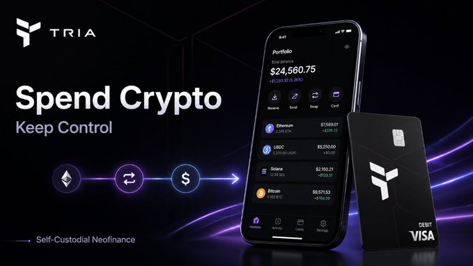 The image features a black smartphone displaying an advertisement for a cryptocurrency wallet, which allows users to spend digital currency using a Visa card. The text on the phone reads "@useTria feels interesting to me. Tria is building a self-custodial neofinance app where users can spend digital assets through a Visa card while still keeping ownership of their funds". This advertisement highlights the convenience and security offered by the wallet, as it allows users to easily spend cryptocurrency without needing to carry cash or visit a bank. The use of a smartphone in this context further emphasizes the portability and accessibility of the wallet for everyday transactions.