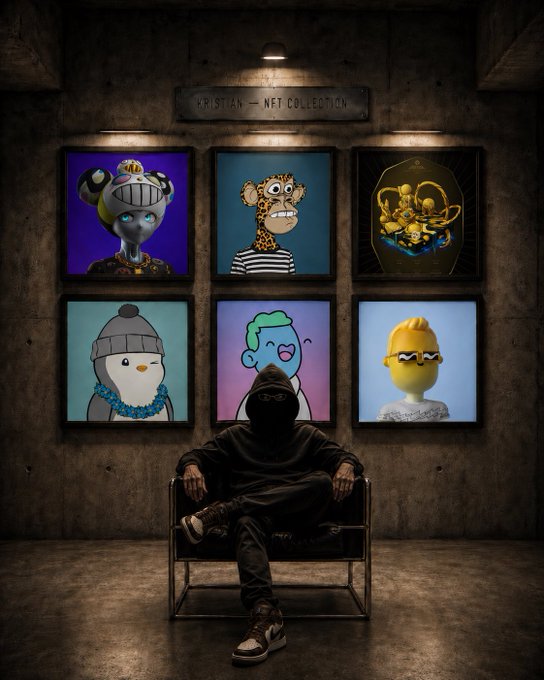 The image features a man sitting in a chair with his legs crossed, wearing a black hoodie. The room has several framed pictures of cartoon characters hanging on the wall behind him. The caption reads "About NFTs. My fundamental thoughts. I believe collections like BAYC, MAYC, CryptoPunks and Pudgy Penguins deserve to be expensive!".