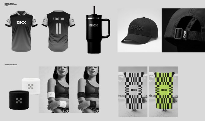 A merchandise display featuring OKX-branded apparel and accessories, including "Classic Jersey With Personalised Name" showing "STAR XU" and the number 11, alongside black tumblers, caps, wristbands, and sports garments in monochrome and neon green checkered designs, all promoting the HOPE x OKX Manchester City VIP Goods Content Event.