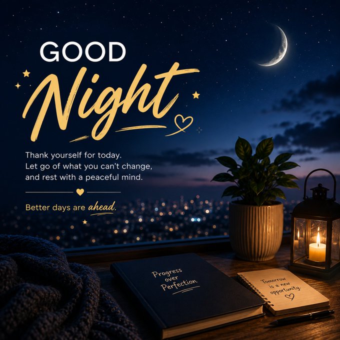 A 'Good Night' inspirational graphic featuring a peaceful nightscape with a crescent moon, city lights, a lit candle, a potted plant, and journals reading 'Progress over Perfection' and 'Tomorrow is a new opportunity'.