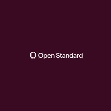 A dark maroon square displaying the white text 'Open Standard' with a small bracket-like icon next to it.