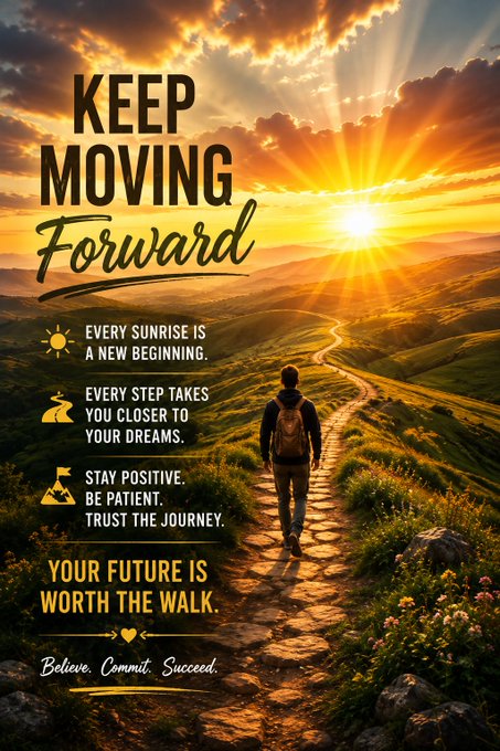 A motivational poster features a silhouette of a person walking up a path toward a sunrise, with text reading 'KEEP MOVING Forward,' 'EVERY SUNRISE IS A NEW BEGINNING,' 'EVERY STEP TAKES YOU CLOSER TO YOUR DREAMS,' 'STAY POSITIVE. BE PATIENT. TRUST THE JOURNEY,' and 'YOUR FUTURE IS WORTH THE WALK.'