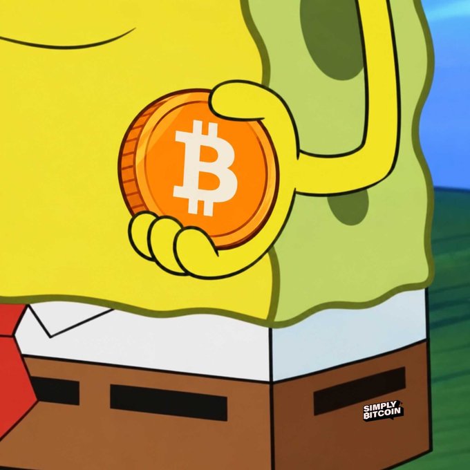 A cartoon SpongeBob character holds a gold Bitcoin coin on a 'Simply Bitcoin' branded background.