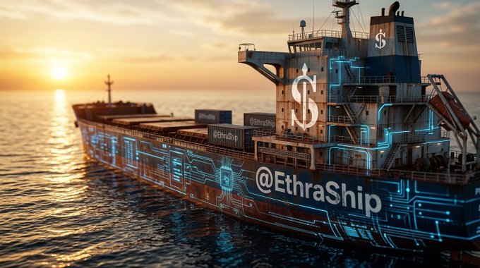 A digital artwork of a large cargo ship at sunset with glowing blue circuit-board patterns overlaid on its hull, featuring dollar sign symbols and the text '@EthraShip' on the side.