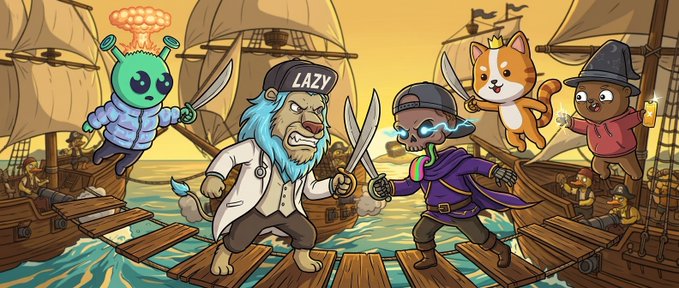 Cartoon artwork showing anthropomorphic characters including a dog in a lab coat with a 'LAZY' hat and a skeleton pirate fighting with swords on a wooden ship deck.