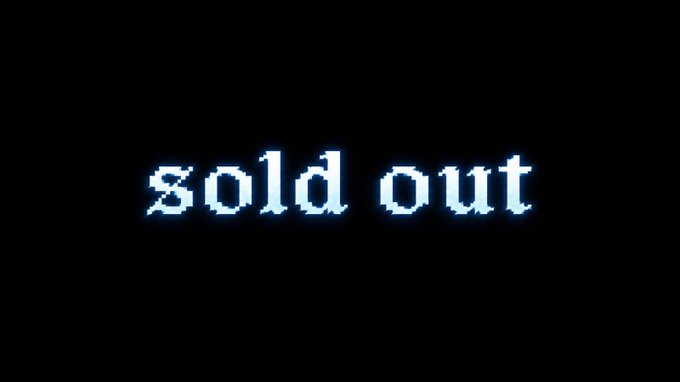 The image displays the phrase "sold out" in a pixelated, glowing white font against a black background, reinforcing the announcement that the Mooncers NFT collection has been completely minted. This visual confirmation emphasizes the project's successful launch and the transition into its next phase with $MANCER.