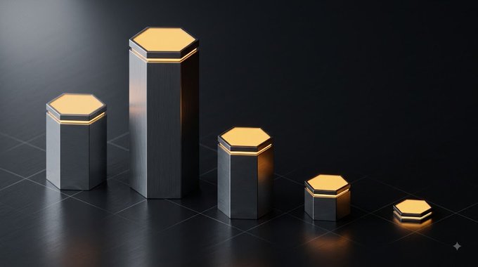 A 3D illustration showing five metallic hexagonal columns of varying heights with glowing yellow tops arranged on a dark surface.