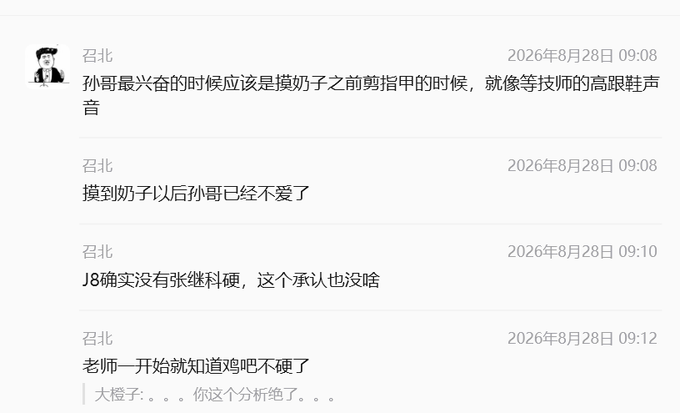 Chinese social media posts from user "召北" dated 2026年8月28日 making joking comments about a character's (孙哥/Sun-ge) excitement levels, with the final message mentioning "大橙子" commenting that the analysis is amazing.