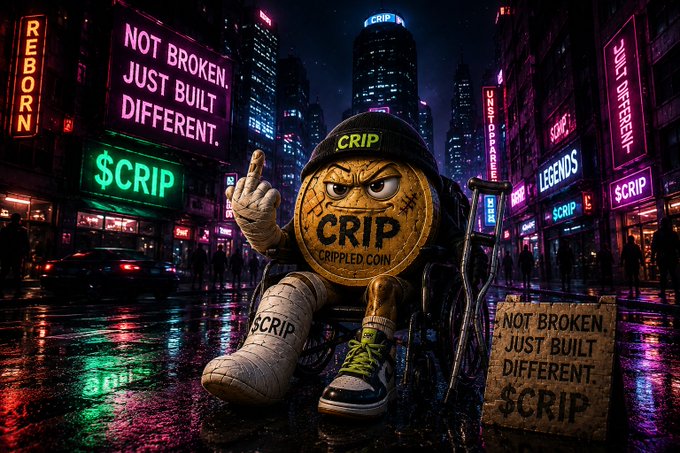 A gritty, cyberpunk-style street scene features an anthropomorphic gold coin character wearing a beanie and casts, defiantly flipping the bird from a wheelchair while surrounded by neon signs displaying "$CRIP" and slogans like "NOT BROKEN. JUST BUILT DIFFERENT." and "LEGENDS." This visual perfectly embodies the post's message that "$CRIP FUCKING ROLLS," portraying the token as a scrappy underdog "Crippled Coin" starting from zero and refusing to be slowed down by its limitations.