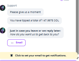 A support chat screenshot showing a message stating 'You have tipped a total of 147.9978 SOL' and asking 'how do you want us to get back to you?' with an email input field.