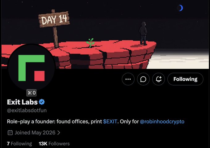 A Twitter/X profile for 'Exit Labs' (@exitlabsdotfun) shows pixel art of a person on a cliff with a 'DAY 14' sign, describing itself as 'Role-play a founder: found offices, print $EXIT. Only for @robinhoodcrypto'.