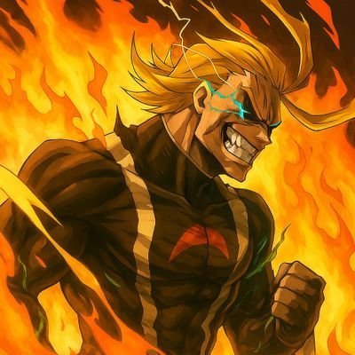 A dynamic anime-style illustration shows a muscular blonde character with glowing blue eyes, gritting his teeth in an aggressive expression, surrounded by intense orange flames while wearing a black suit with a red triangular emblem.