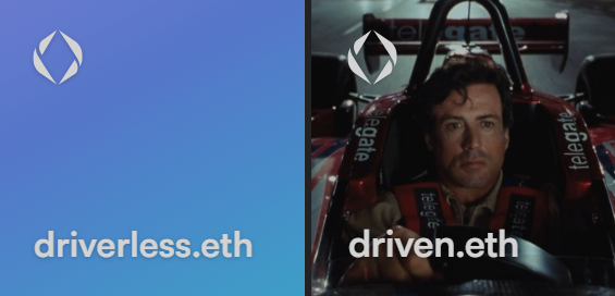 A meme image split into two panels labeled 'driverless.eth' (showing a blue gradient background) and 'driven.eth' (showing Sylvester Stallone in a Ferrari race car cockpit).
