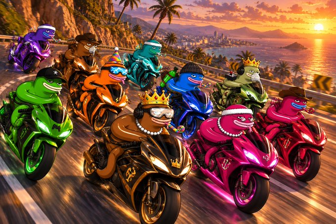 A vibrant, stylized illustration shows colorful Pepe the Frog characters riding sport motorcycles along a coastal highway at sunset, with a city skyline visible across the bay. The image's energetic, diverse "club" of characters with different accessories (crowns, goggles, party hats) visually mirrors the Slippy Club concept mentioned in the post, symbolizing a unified community contributing reputation across multiple blockchain networks.